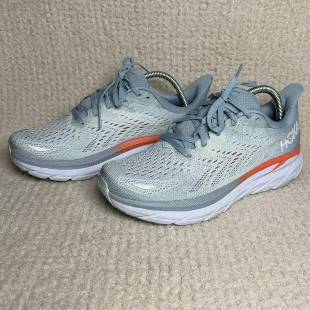 Hoka One One Clifton 8 Blue Fog Orange Running Shoes 1119394 BFPA Womens 9.5 B